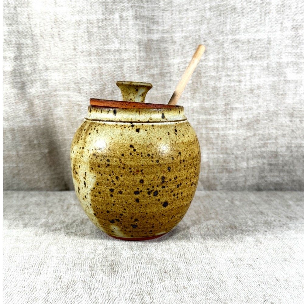 Handmade Studio Pottery Honey Pot with Wooden Dipper Tree of Life Speckled Tan